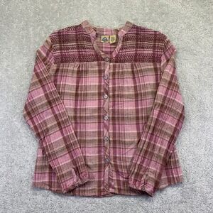 Vintage Shaverlake Womens Shirt Size Small Pink Plaid Smocked Blouse Long Sleeve